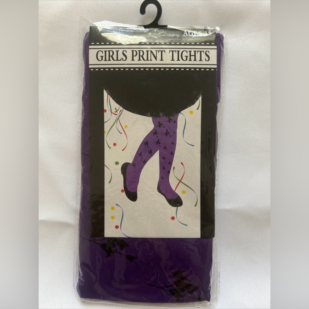 Girls Purple With Black Witches On A Broom Print Tights 3+ Halloween Costume